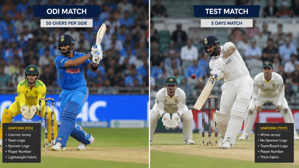 Difference between ODI and Test cricket match